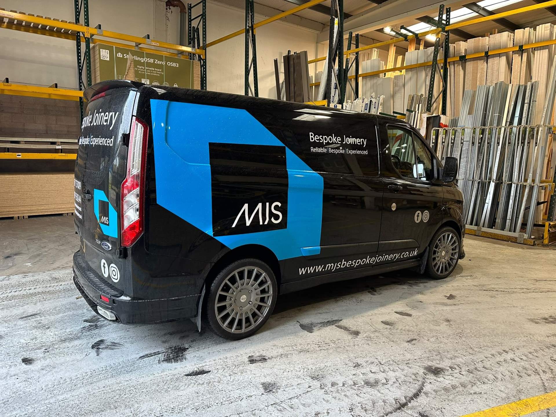 MJS Bespoke Joinery van inside the timber store at the joinery workshop