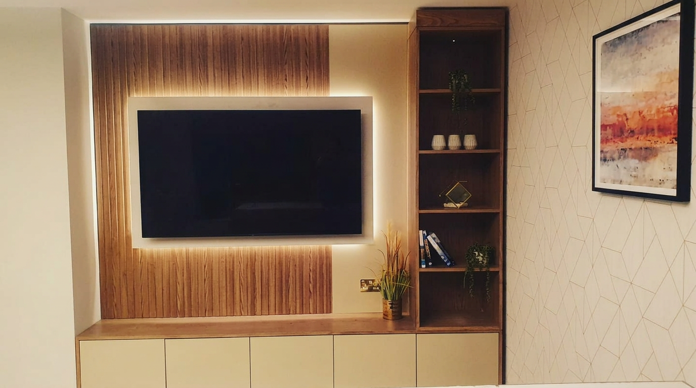 Compact media wall with timber slatted television backing, lighting and low cabinets